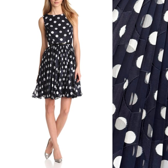 Adrianna Papell Polka Dot Pleated Belted Cocktail Dress Navy Blue White Sz 8 NWT - Picture 1 of 16